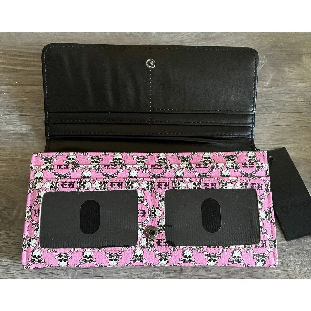 Ed Hardy Women's Pink Skull Rhinestone Trifold Wallet Clutch New With Tags